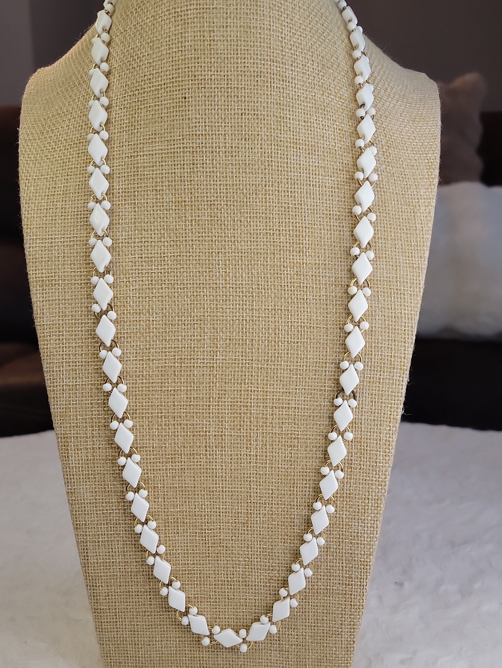 Vintage Trifari White Bead Necklace with Gold-Tone Links